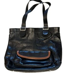 PLY New York Black Leather Tote Bag with Pocket & Striped Lining
